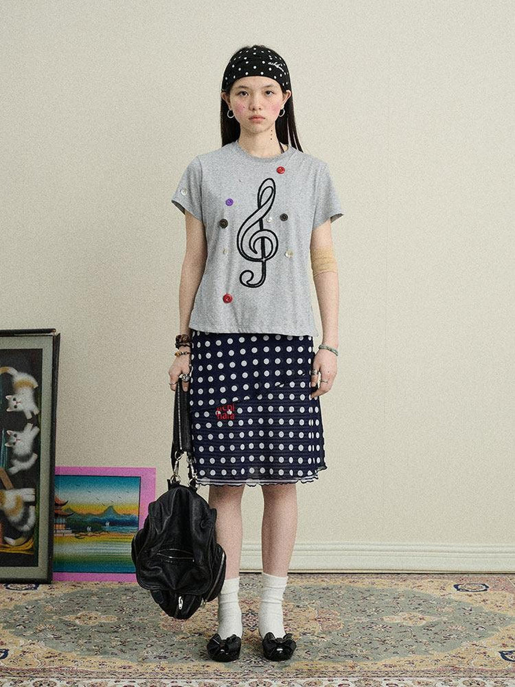 Achihara Music Note Button Embroidered Print Women'S Cotton Blend Short Sleeve T-Shirts
