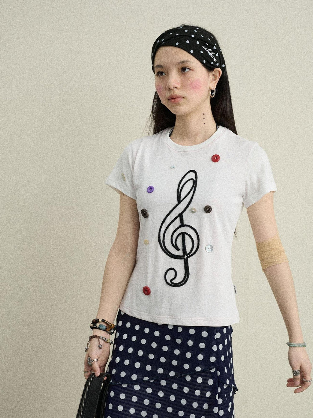 Achihara Music Note Button Embroidered Print Women'S Cotton Blend Short Sleeve T-Shirts