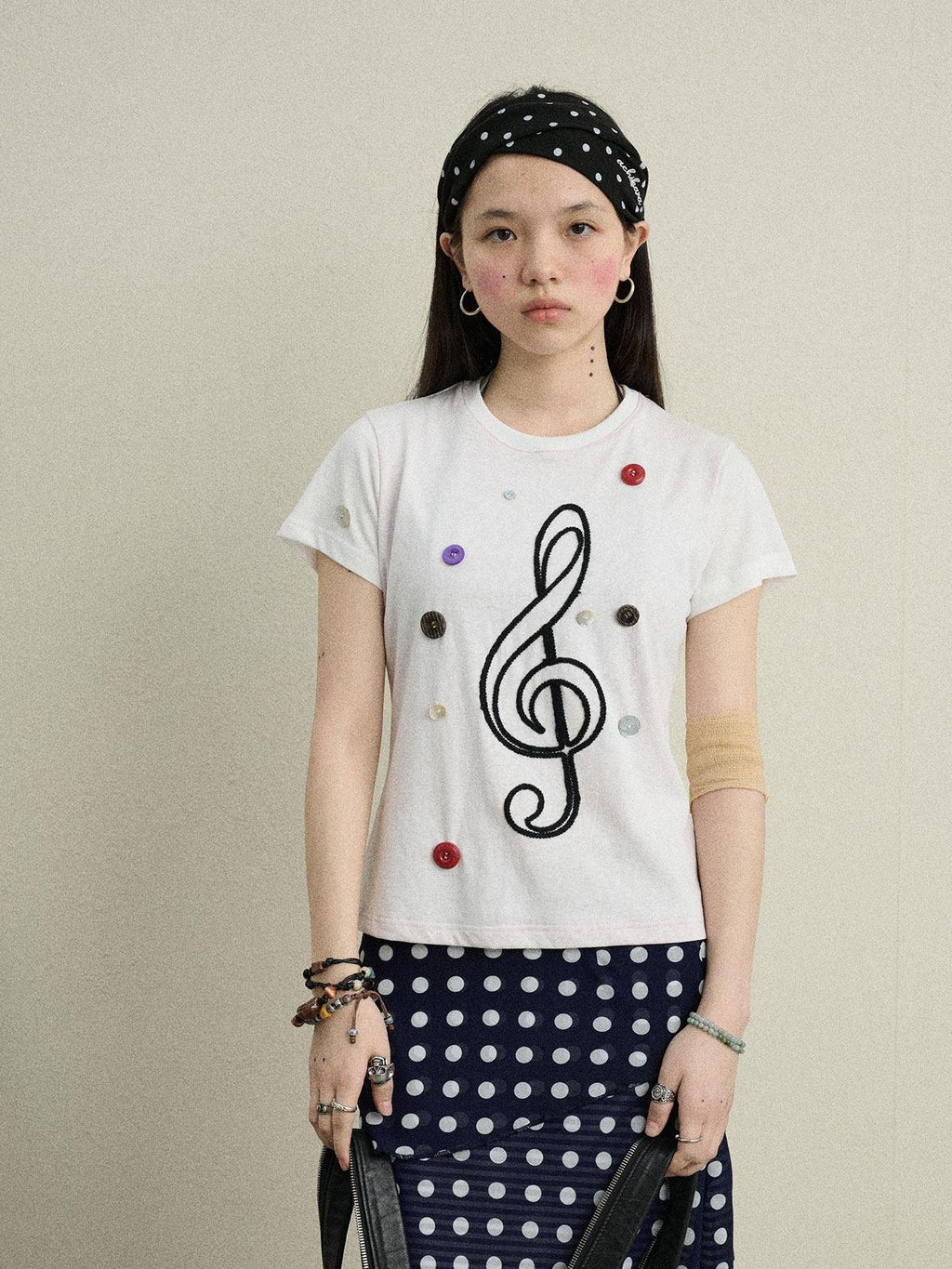 Achihara Music Note Button Embroidered Print Women'S Cotton Blend Short Sleeve T-Shirts