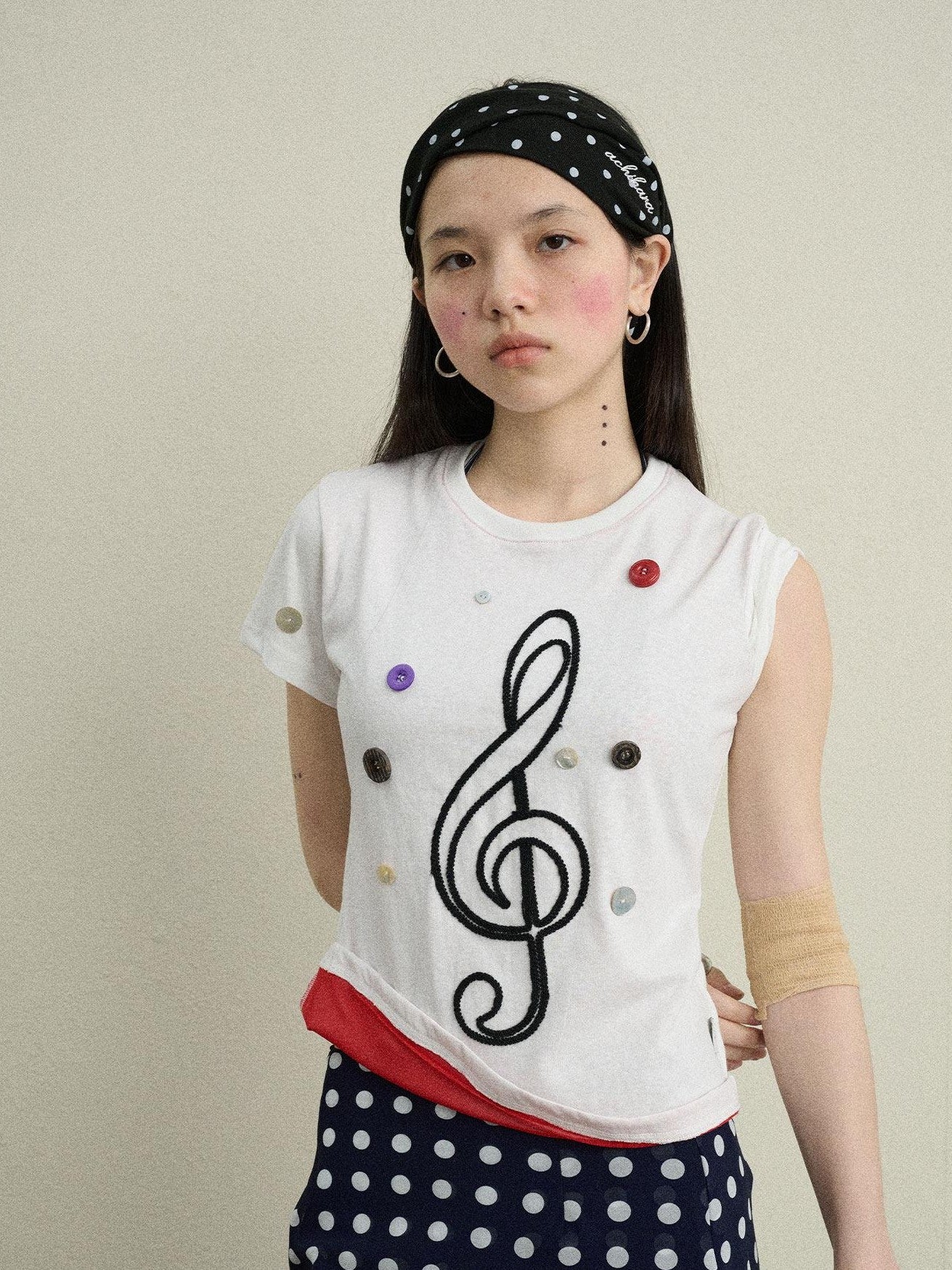 Achihara Music Note Button Embroidered Print Women'S Cotton Blend Short Sleeve T-Shirts