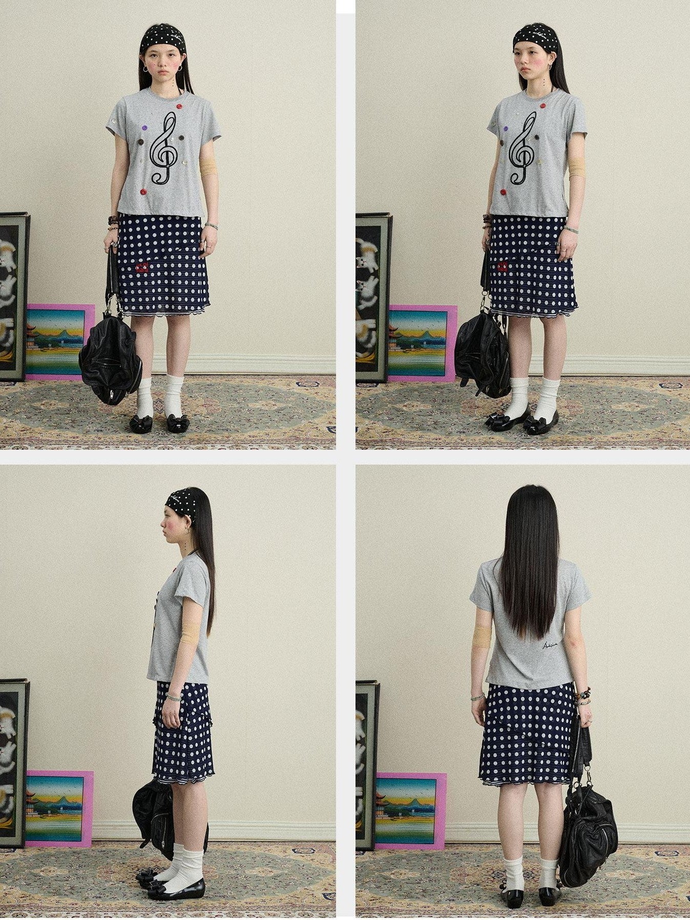 Achihara Music Note Button Embroidered Print Women'S Cotton Blend Short Sleeve T-Shirts
