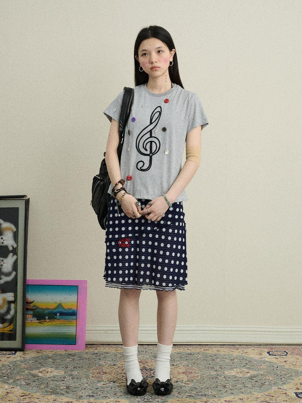 Achihara Music Note Button Embroidered Print Women'S Cotton Blend Short Sleeve T-Shirts