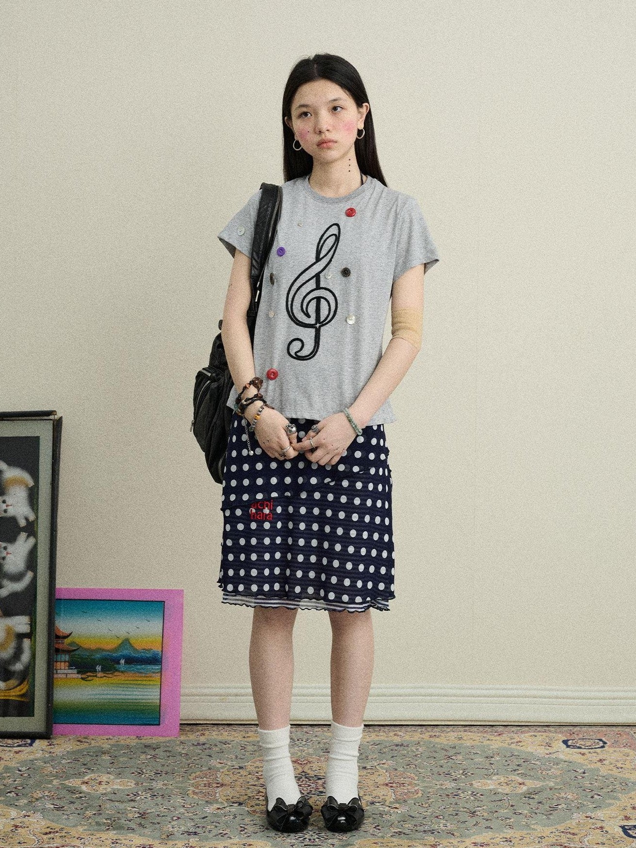 Achihara Music Note Button Embroidered Print Women'S Cotton Blend Short Sleeve T-Shirts
