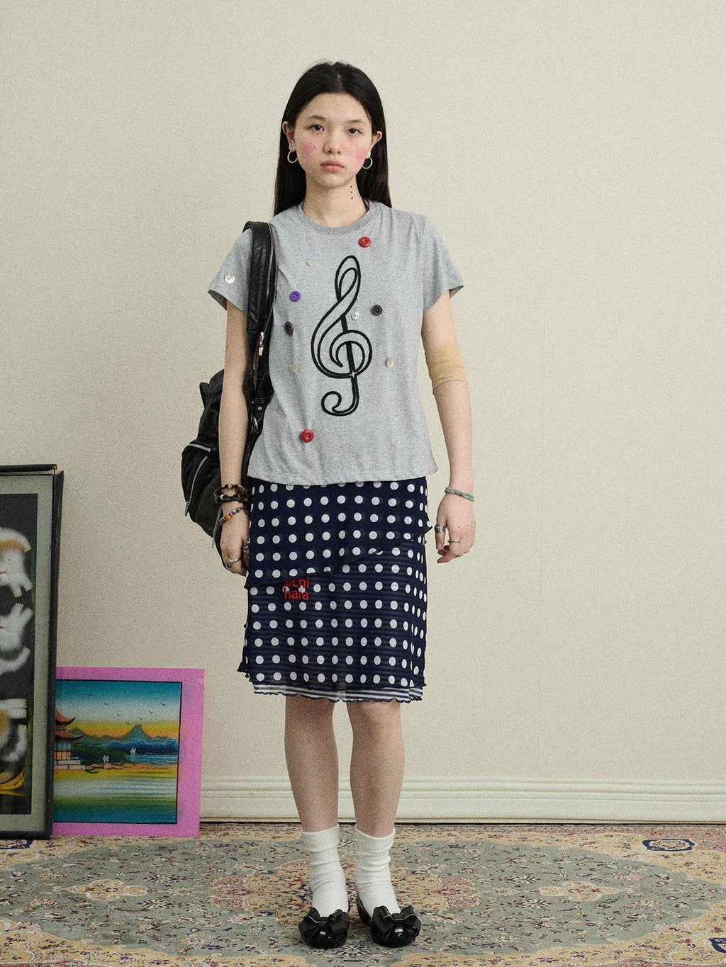 Achihara Music Note Button Embroidered Print Women'S Cotton Blend Short Sleeve T-Shirts