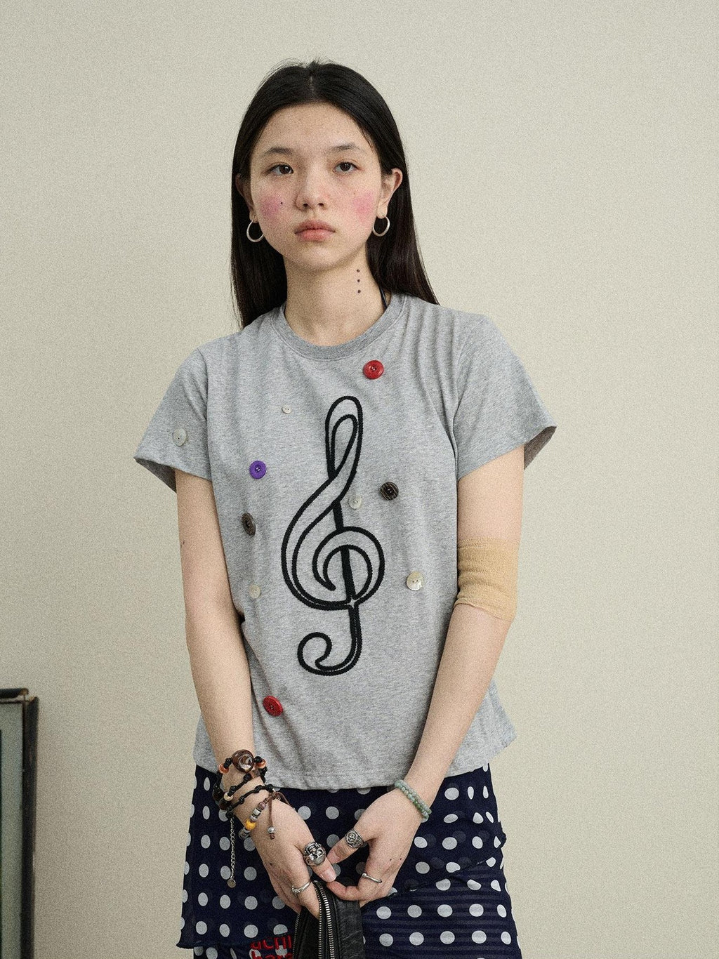 Achihara Music Note Button Embroidered Print Women'S Cotton Blend Short Sleeve T-Shirts