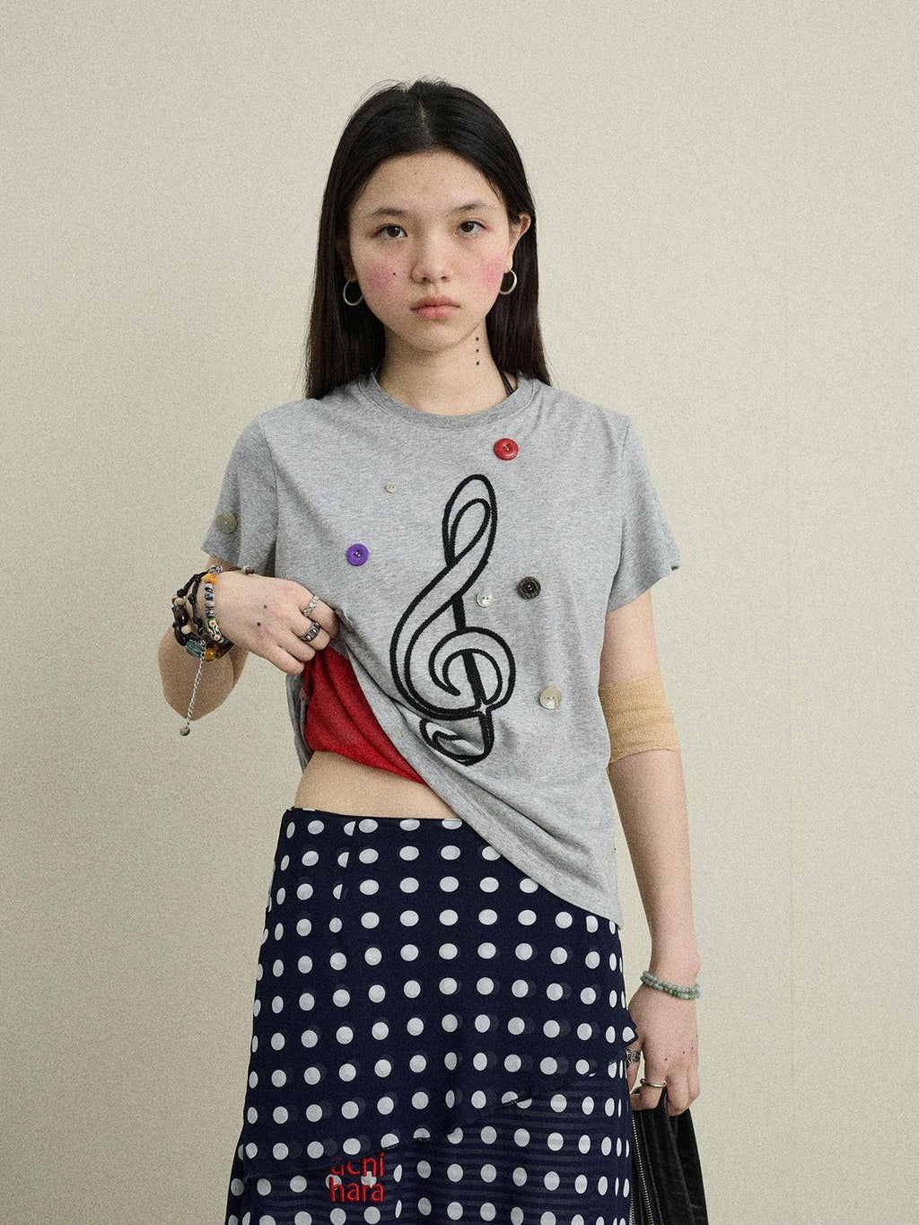 Achihara Music Note Button Embroidered Print Women'S Cotton Blend Short Sleeve T-Shirts