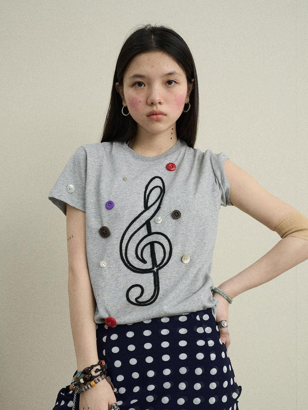 Achihara Music Note Button Embroidered Print Women'S Cotton Blend Short Sleeve T-Shirts