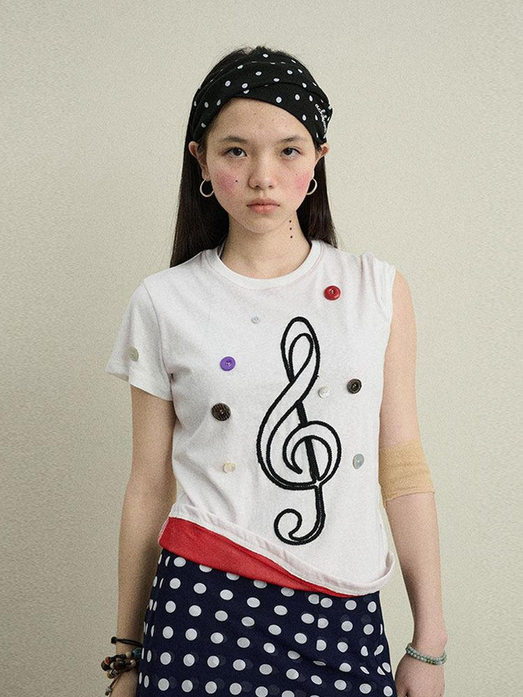 Achihara Music Note Button Embroidered Print Women'S Cotton Blend Short Sleeve T-Shirts