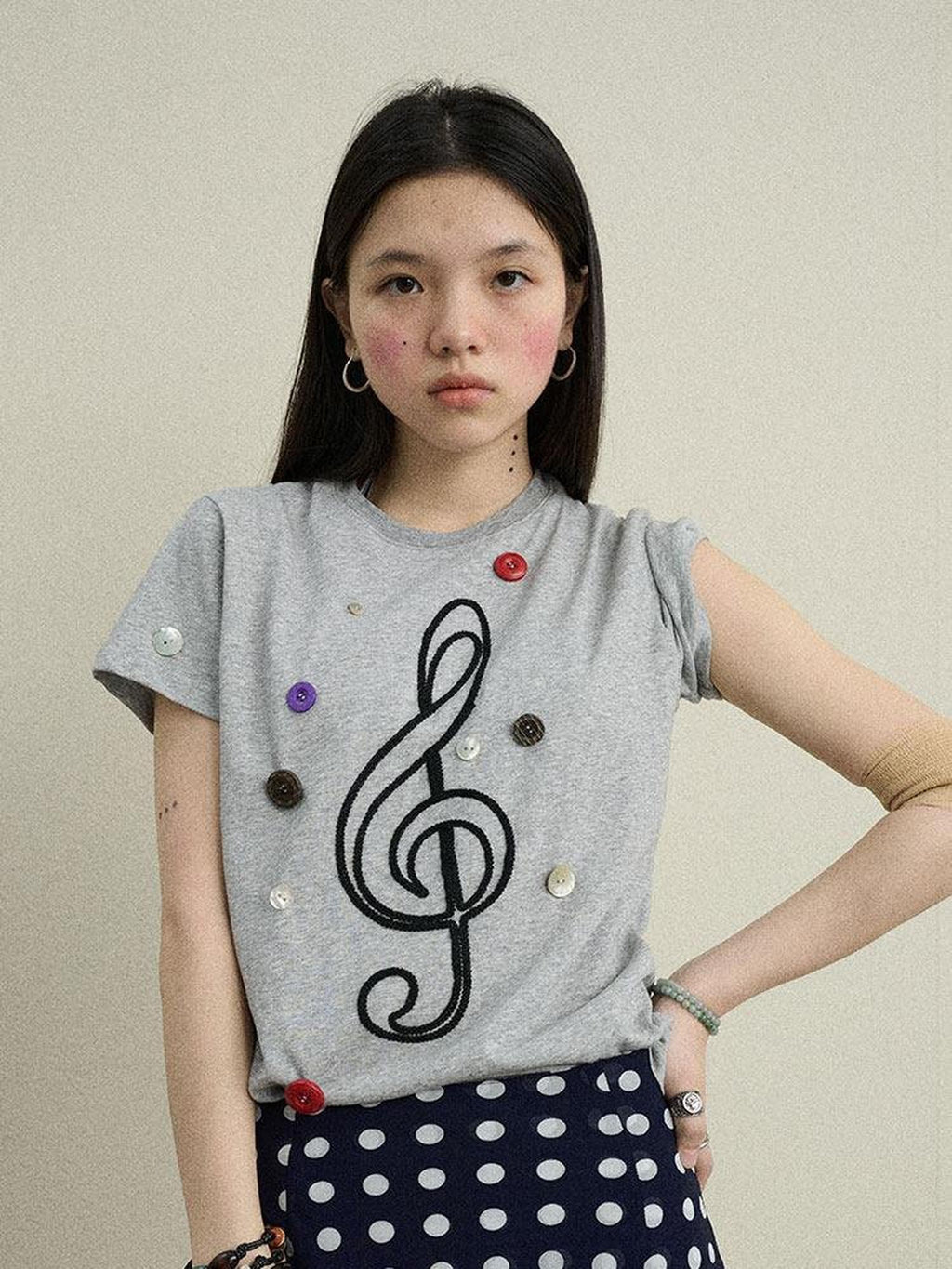Achihara Music Note Button Embroidered Print Women'S Cotton Blend Short Sleeve T-Shirts