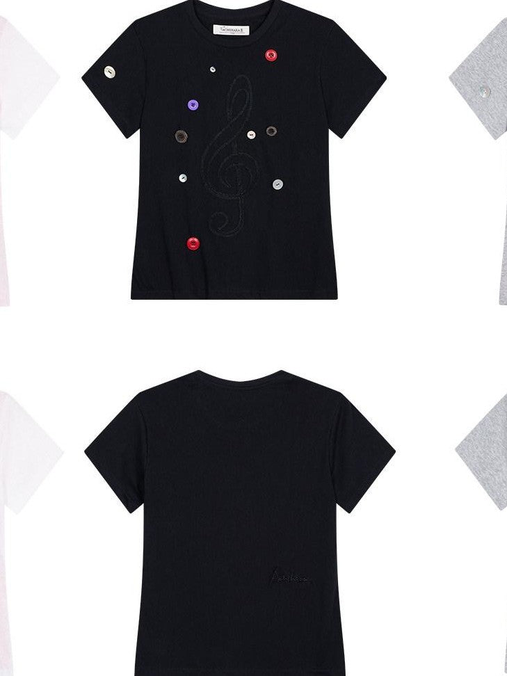 Achihara Music Note Button Embroidered Print Women'S Cotton Blend Short Sleeve T-Shirts