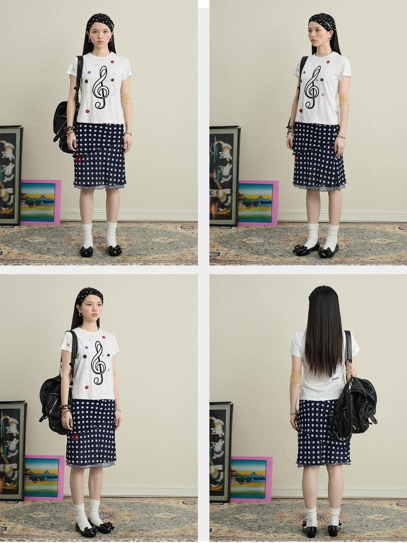 Achihara Music Note Button Embroidered Print Women'S Cotton Blend Short Sleeve T-Shirts
