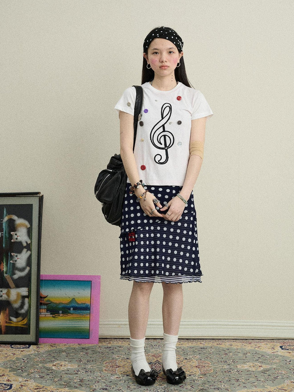 Achihara Music Note Button Embroidered Print Women'S Cotton Blend Short Sleeve T-Shirts