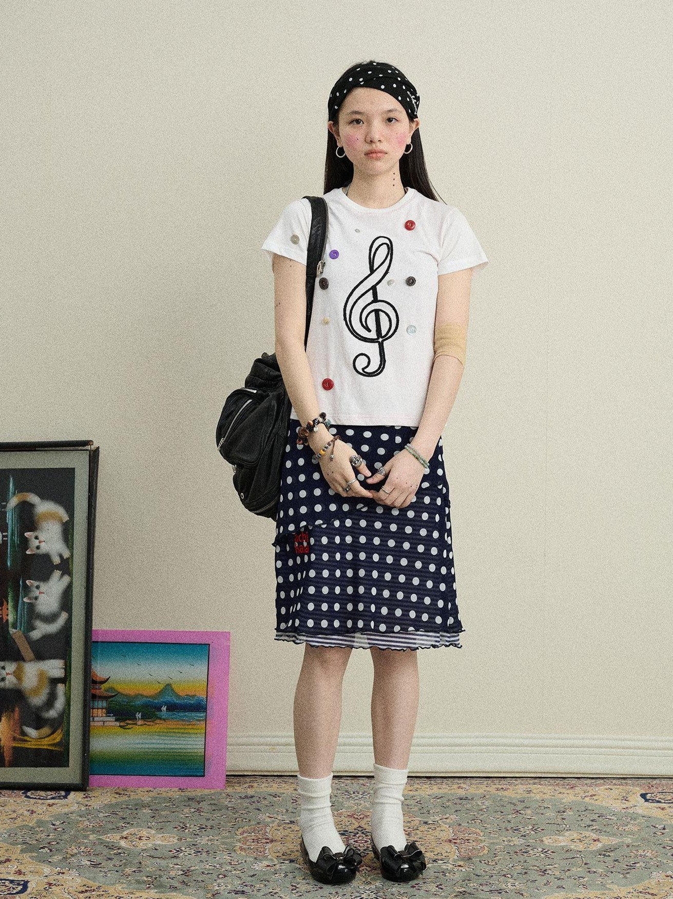 Achihara Music Note Button Embroidered Print Women'S Cotton Blend Short Sleeve T-Shirts