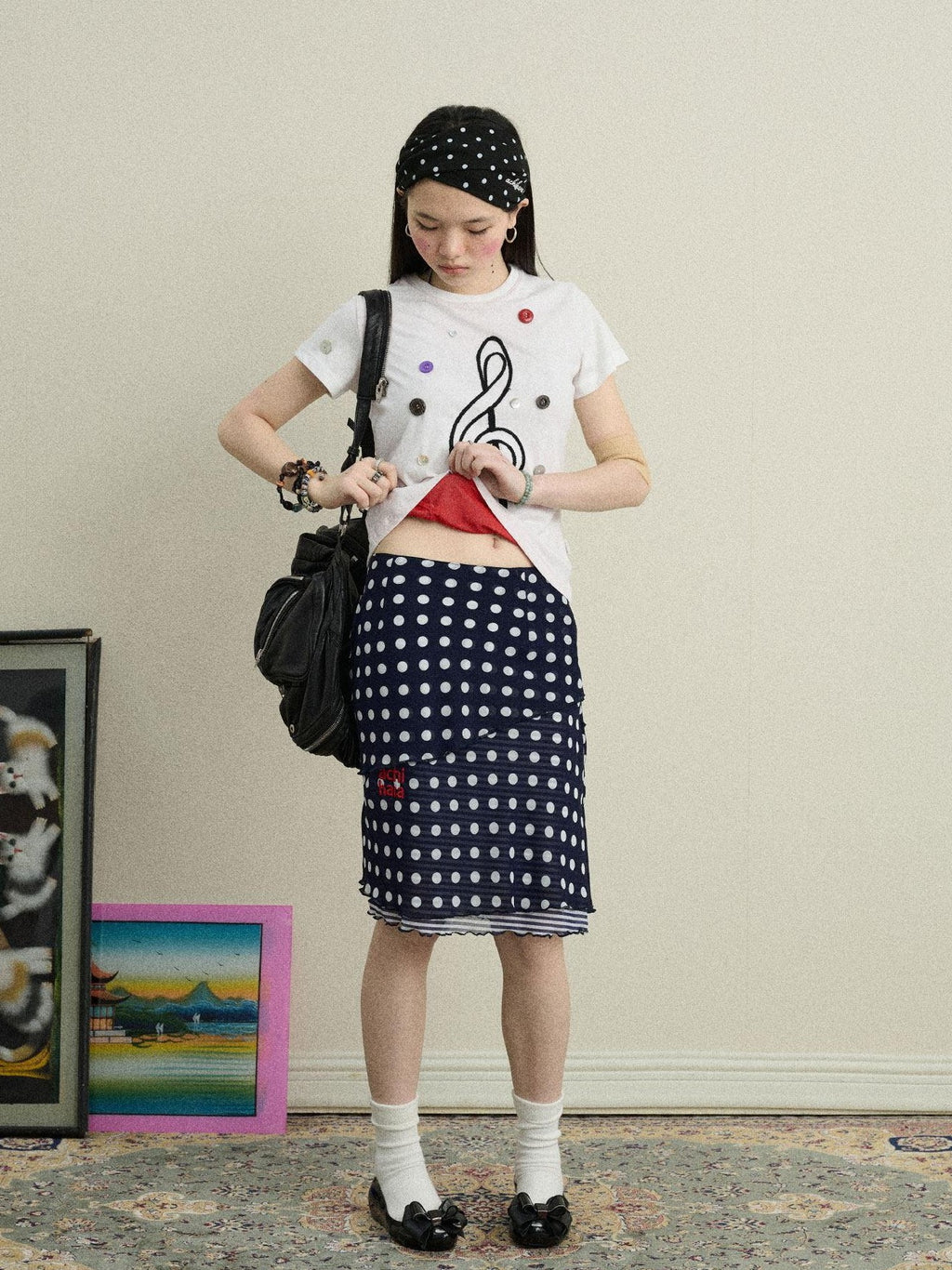 Achihara Music Note Button Embroidered Print Women'S Cotton Blend Short Sleeve T-Shirts