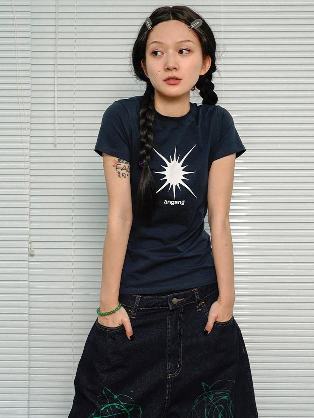 Achihara Navy Geometric And Text Print Slim Fit Round Neck Women'S Long Sleeve T-Shirts