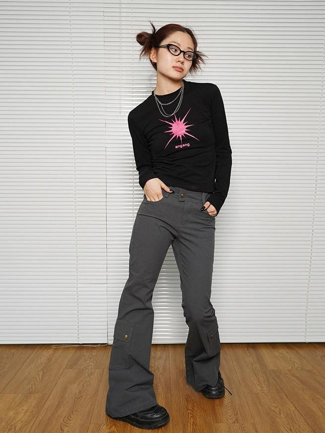Achihara Navy Geometric And Text Print Slim Fit Round Neck Women'S Long Sleeve T-Shirts
