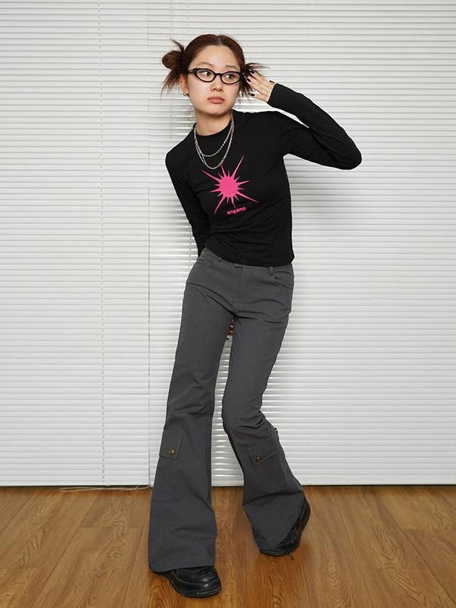 Achihara Navy Geometric And Text Print Slim Fit Round Neck Women'S Long Sleeve T-Shirts