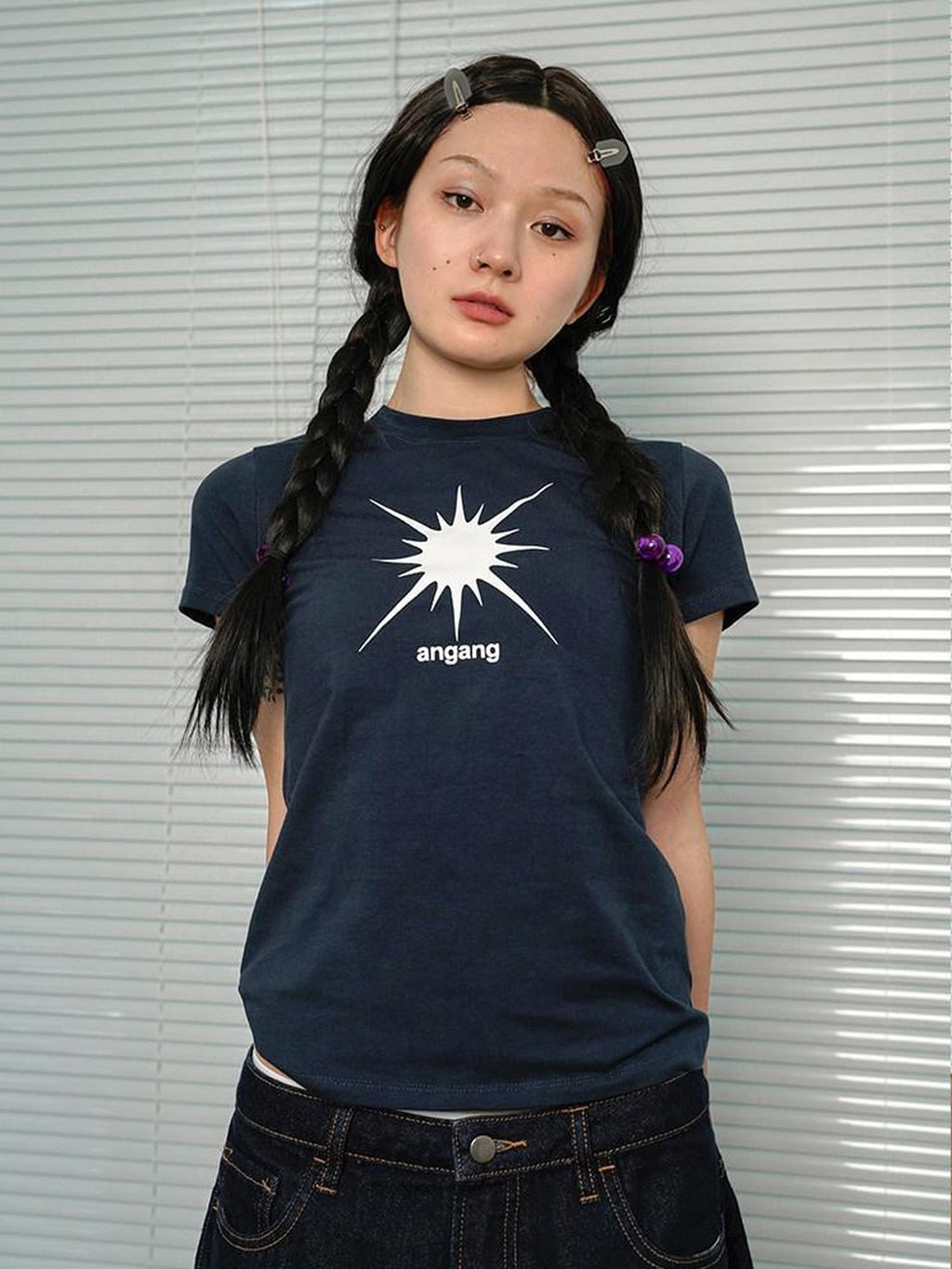 Achihara Navy Geometric And Text Print Slim Fit Round Neck Women'S Long Sleeve T-Shirts