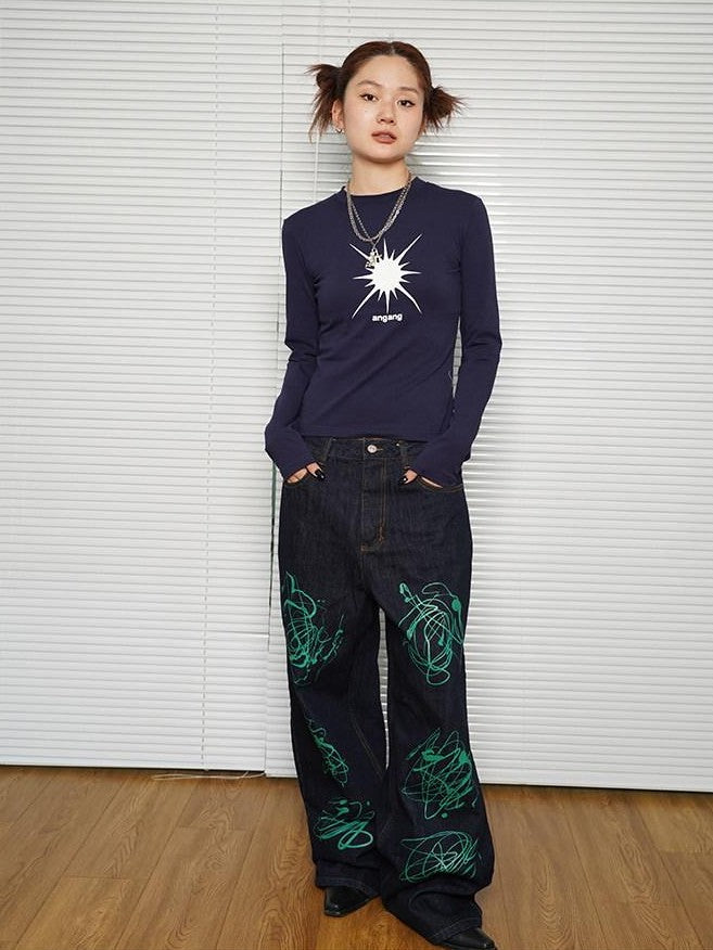 Achihara Navy Geometric And Text Print Slim Fit Round Neck Women'S Long Sleeve T-Shirts