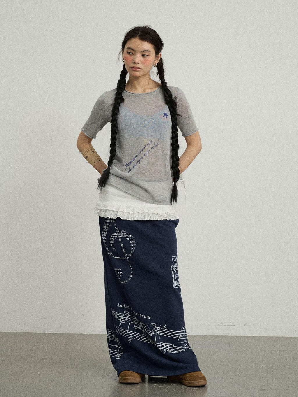 Achihara Navy Mid Waist Straight Relaxed Fit Women'S Cotton Blend Maxi Skirts