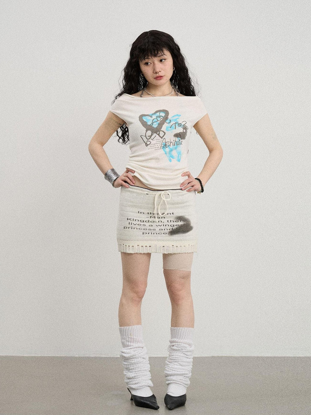 Achihara Numeric Print A Line Knit Women'S Nylon Acrylic Polyester Mini Skirts