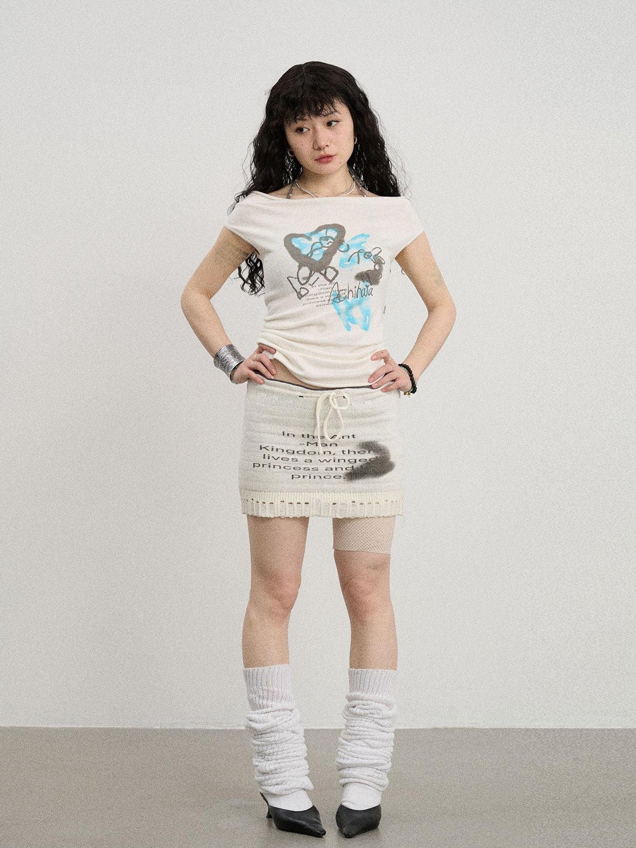 Achihara Numeric Print A Line Knit Women'S Nylon Acrylic Polyester Mini Skirts