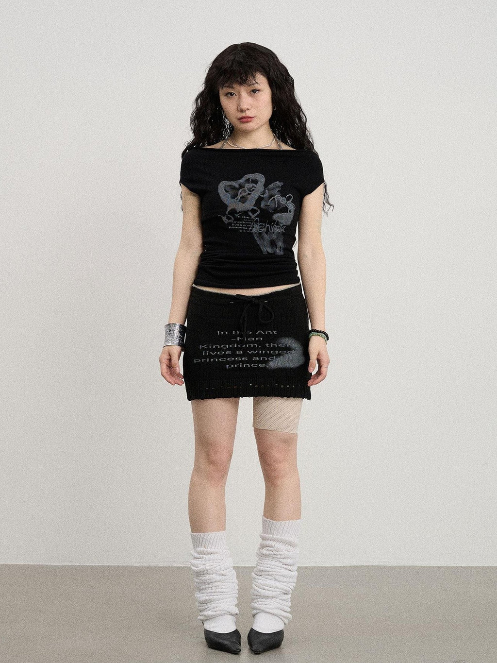 Achihara Numeric Print A Line Knit Women'S Nylon Acrylic Polyester Mini Skirts