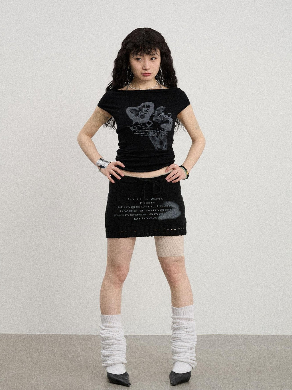 Achihara Numeric Print A Line Knit Women'S Nylon Acrylic Polyester Mini Skirts