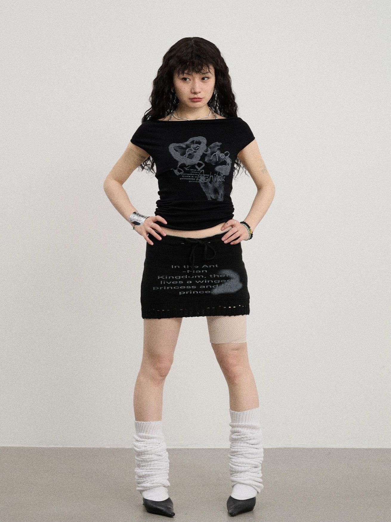 Achihara Numeric Print A Line Knit Women'S Nylon Acrylic Polyester Mini Skirts