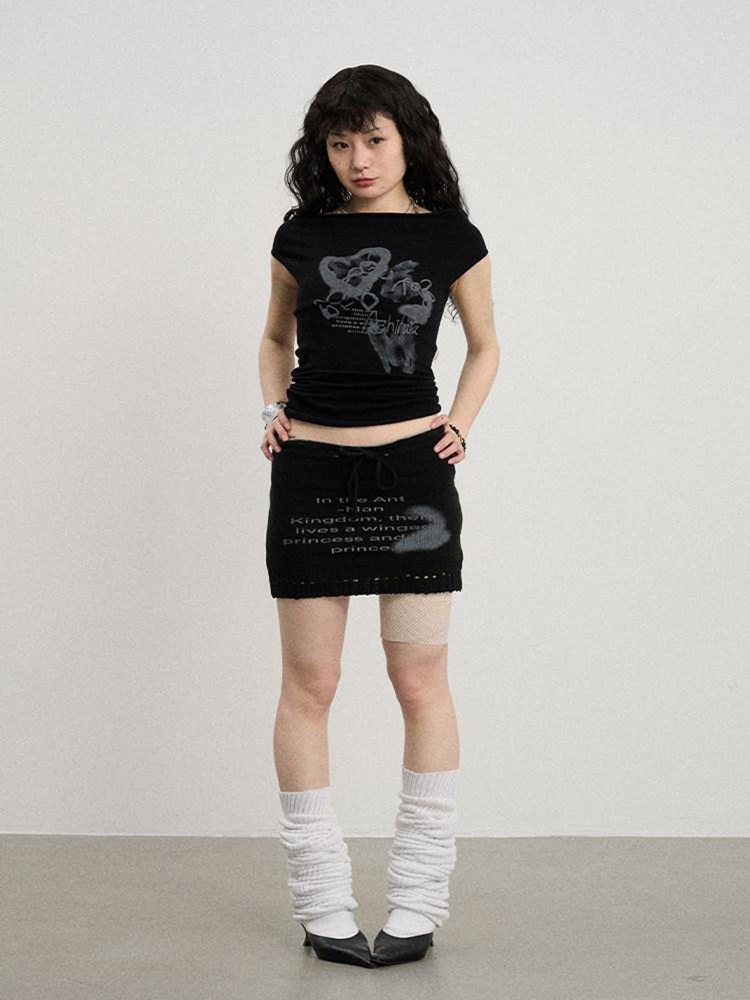 Achihara Numeric Print A Line Knit Women'S Nylon Acrylic Polyester Mini Skirts