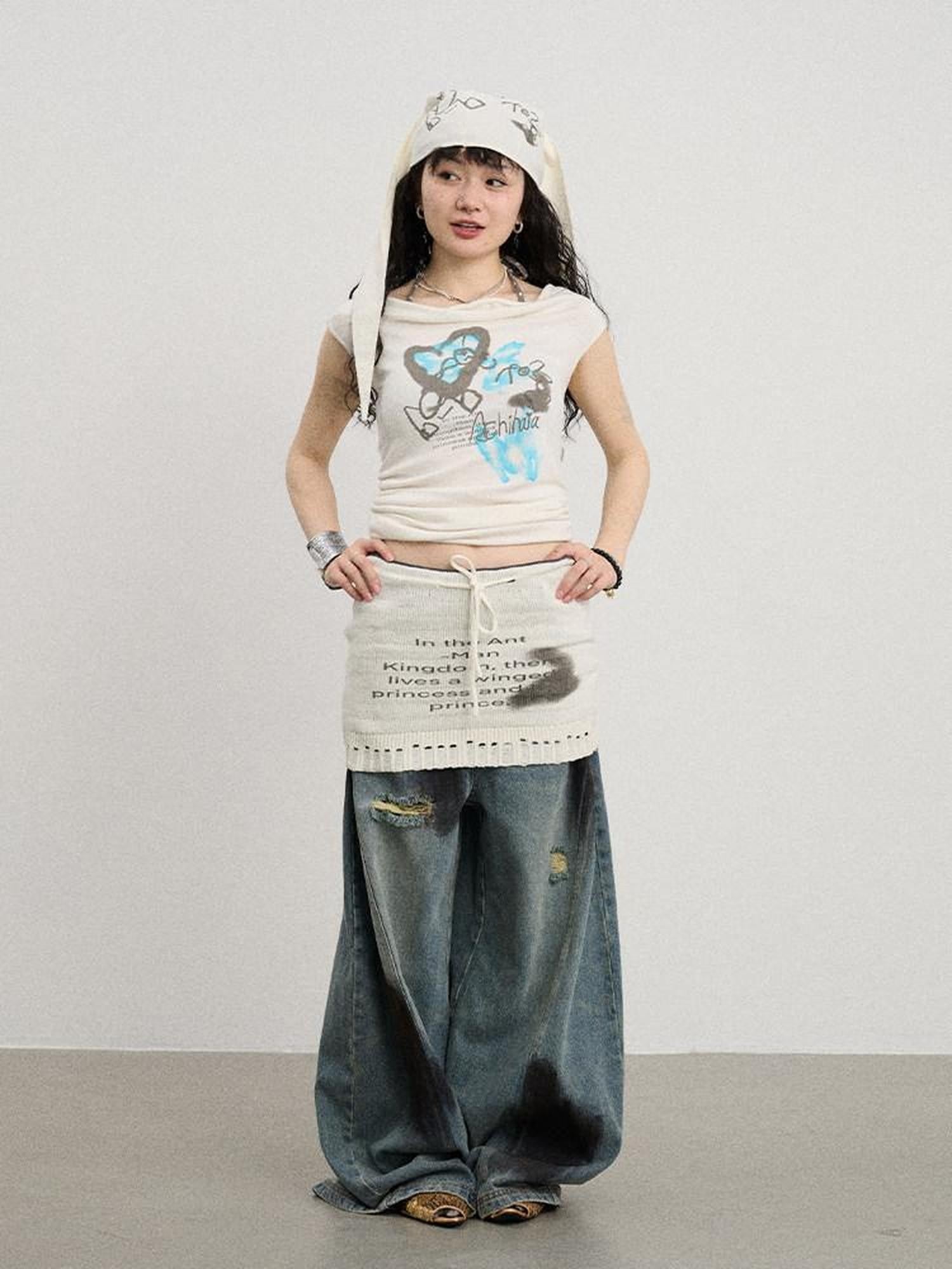 Achihara Numeric Print A Line Knit Women'S Nylon Acrylic Polyester Mini Skirts