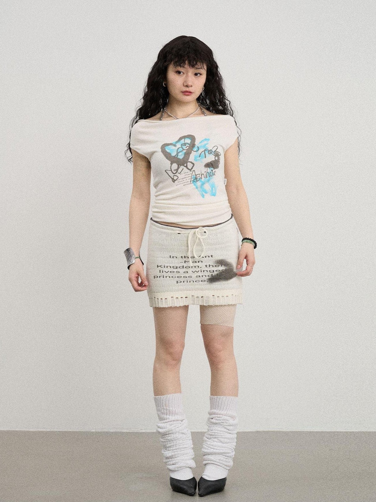 Achihara Numeric Print A Line Knit Women'S Nylon Acrylic Polyester Mini Skirts