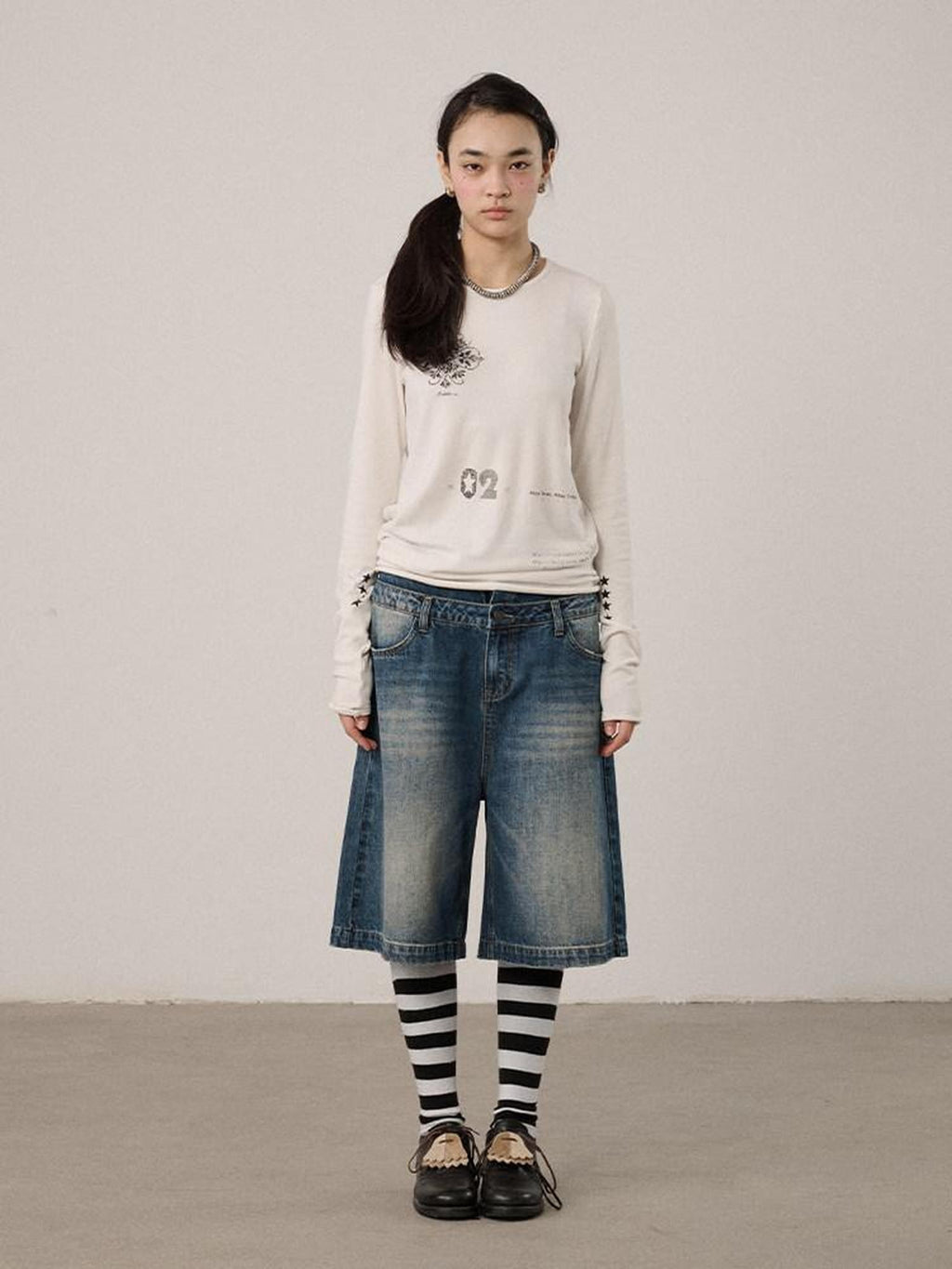 Achihara Off White Pixel Letter Print Women'S Viscose Blend Knit Long Sleeve T-Shirts