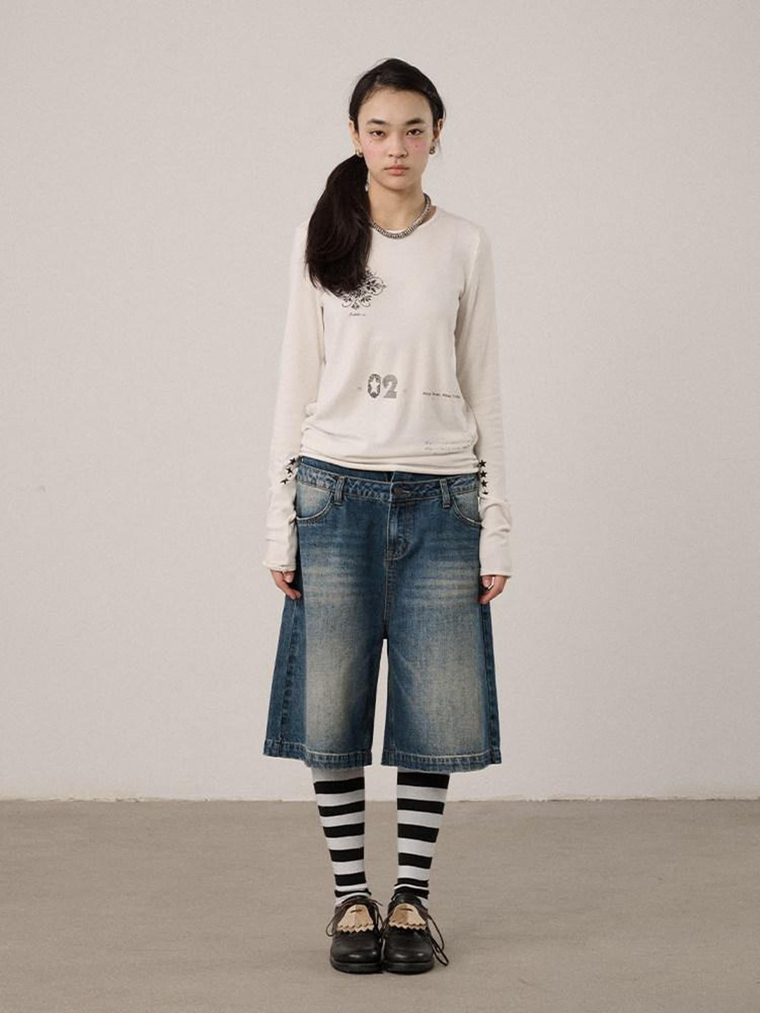 Achihara Off White Pixel Letter Print Women'S Viscose Blend Knit Long Sleeve T-Shirts