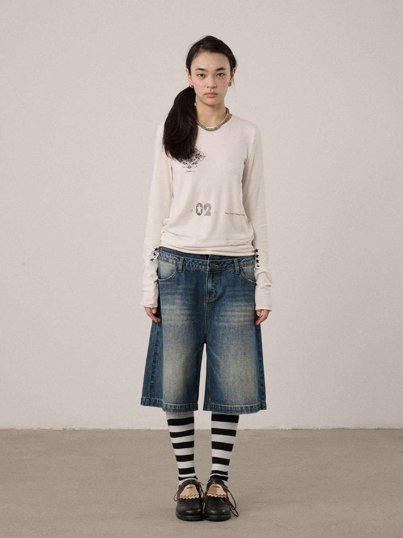 Achihara Off White Pixel Letter Print Women'S Viscose Blend Knit Long Sleeve T-Shirts