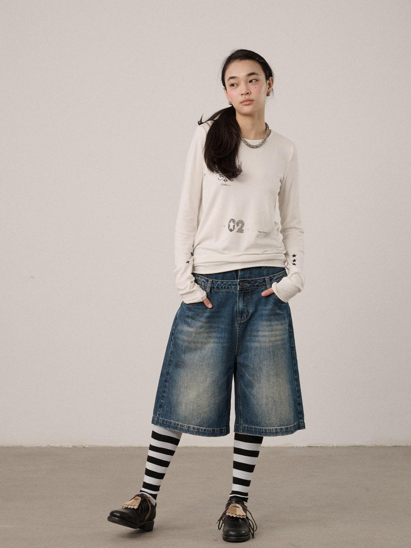 Achihara Off White Pixel Letter Print Women'S Viscose Blend Knit Long Sleeve T-Shirts