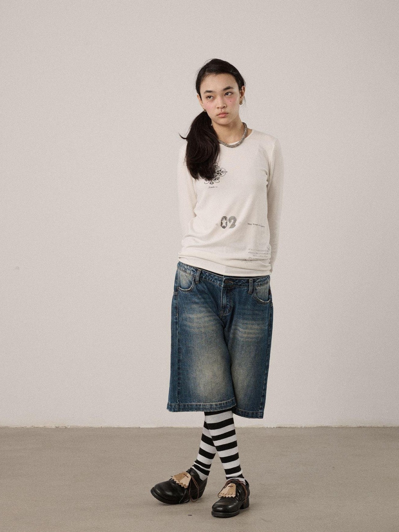 Achihara Off White Pixel Letter Print Women'S Viscose Blend Knit Long Sleeve T-Shirts
