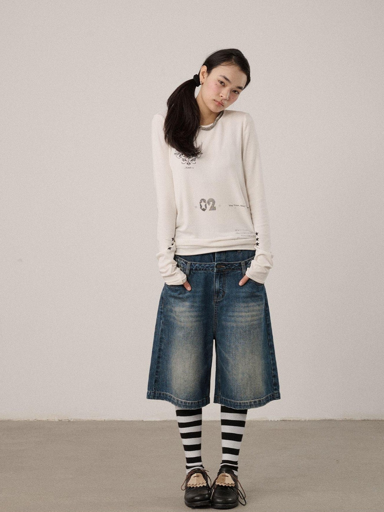 Achihara Off White Pixel Letter Print Women'S Viscose Blend Knit Long Sleeve T-Shirts