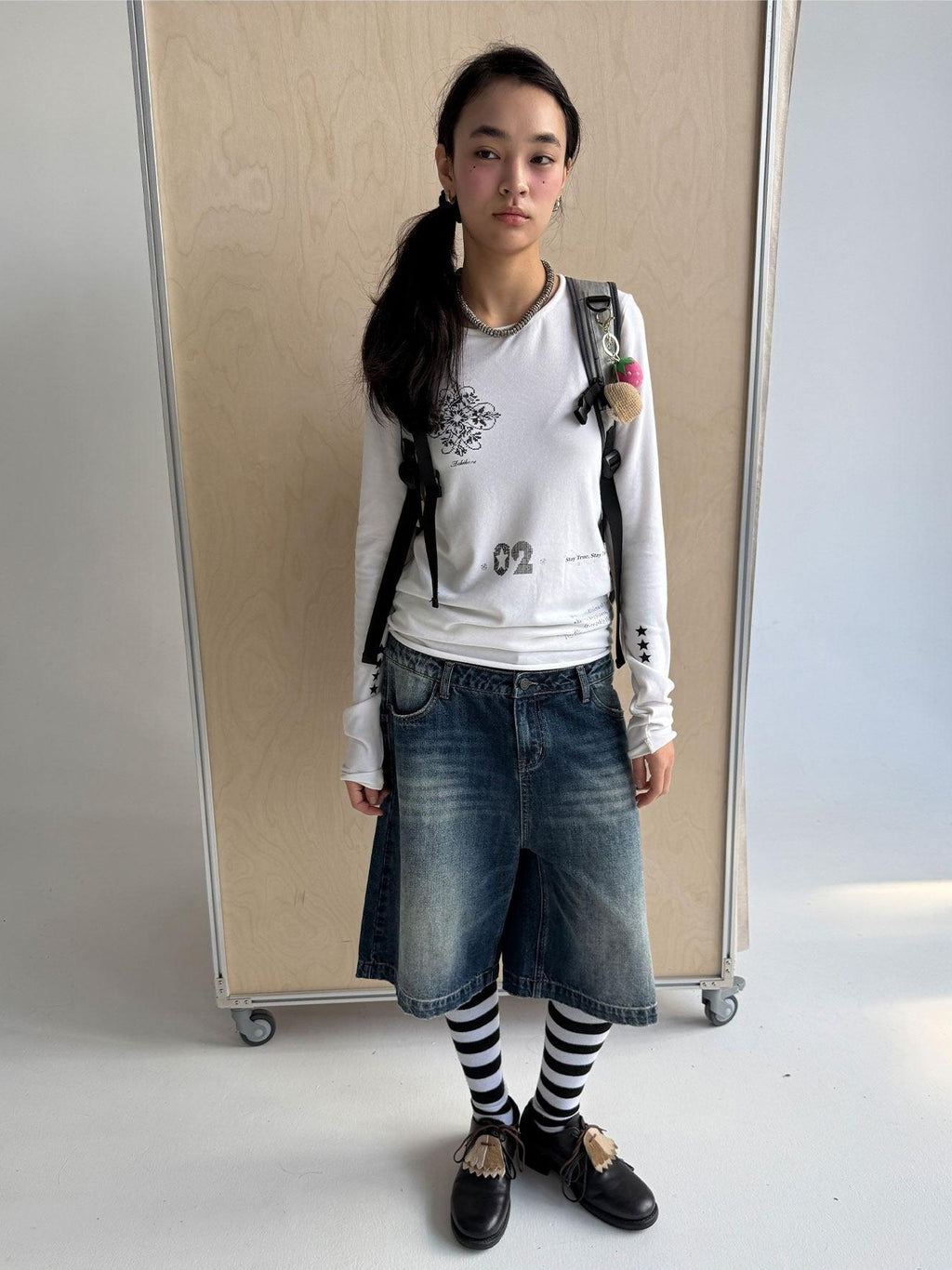 Achihara Off White Pixel Letter Print Women'S Viscose Blend Knit Long Sleeve T-Shirts
