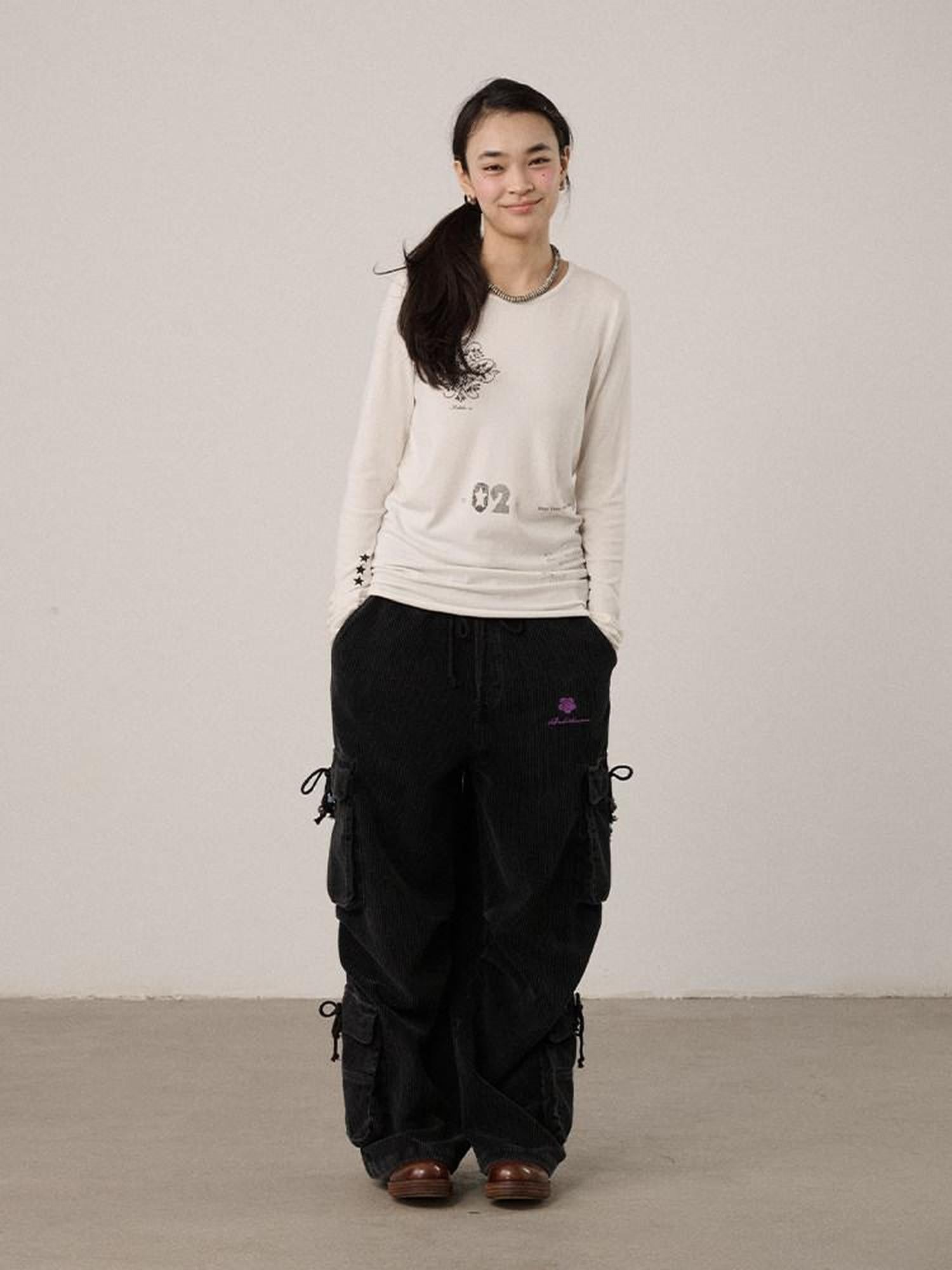 Achihara Off White Pixel Letter Print Women'S Viscose Blend Knit Long Sleeve T-Shirts