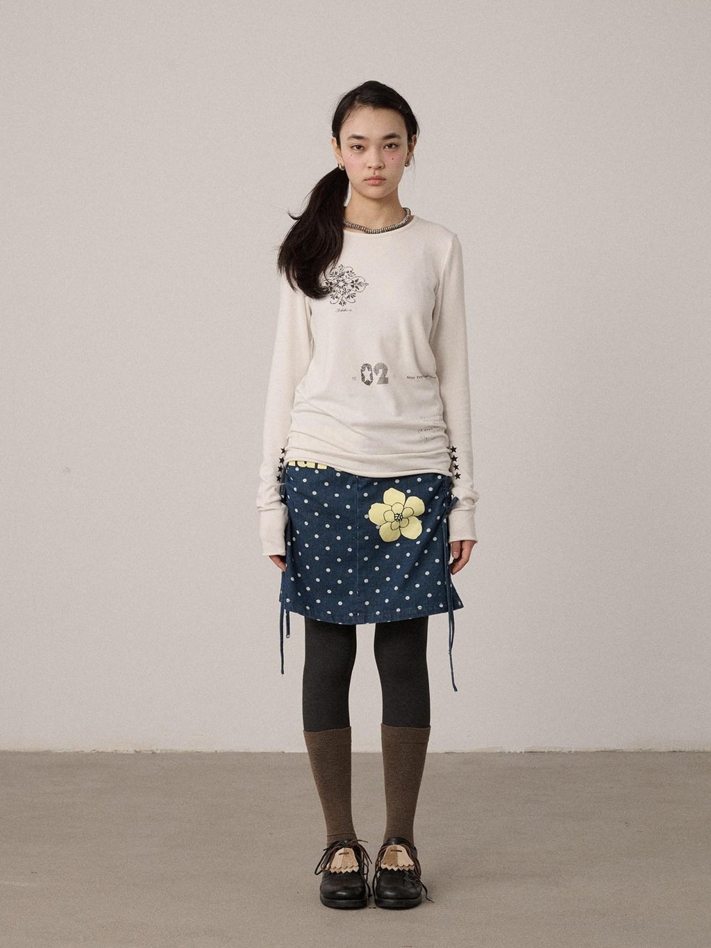 Achihara Off White Pixel Letter Print Women'S Viscose Blend Knit Long Sleeve T-Shirts