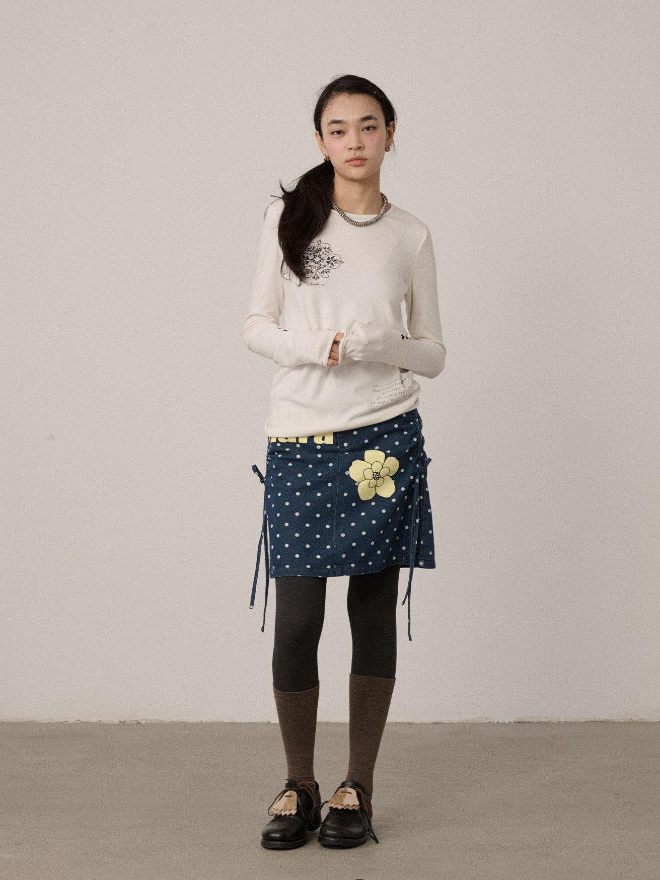 Achihara Off White Pixel Letter Print Women'S Viscose Blend Knit Long Sleeve T-Shirts