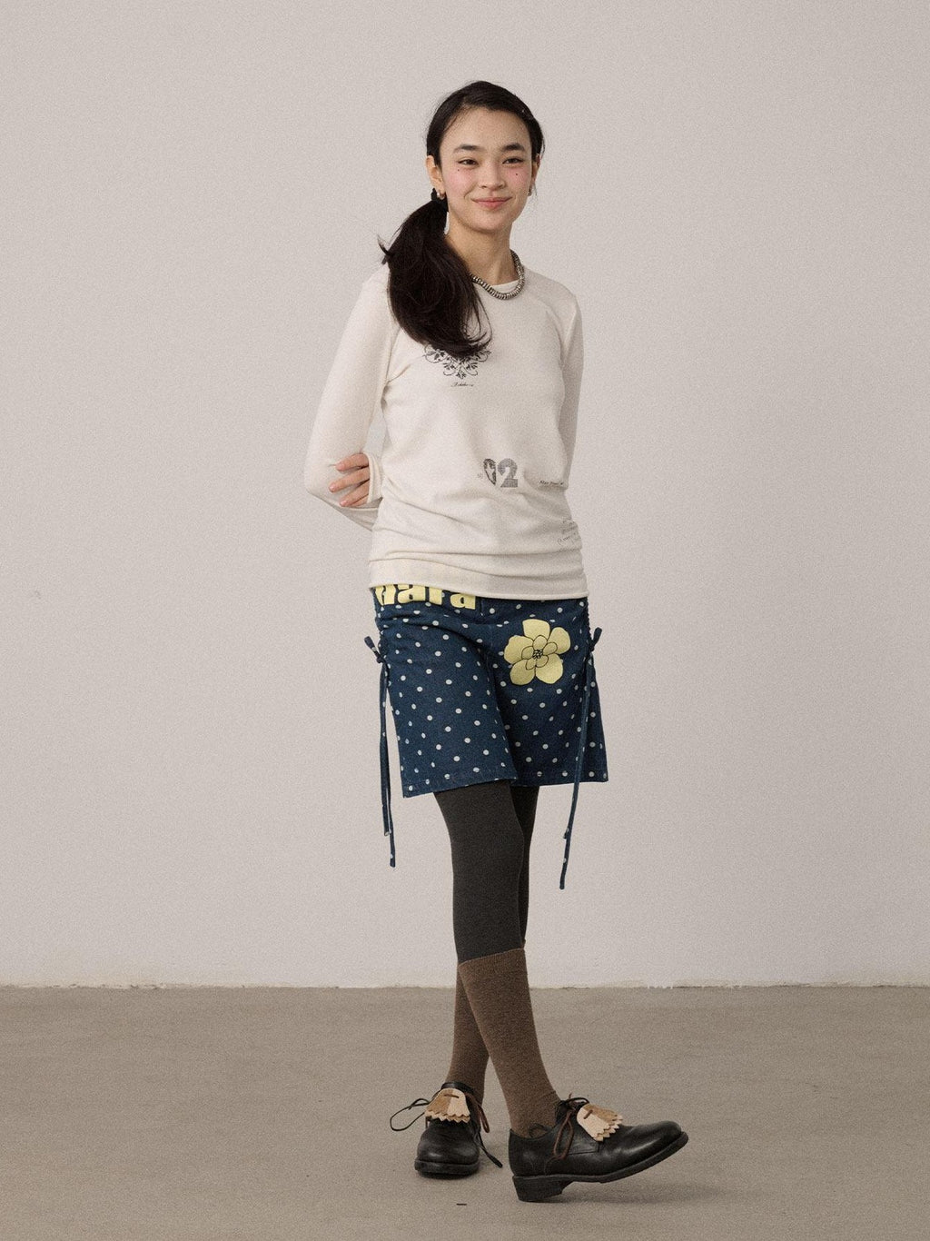 Achihara Off White Pixel Letter Print Women'S Viscose Blend Knit Long Sleeve T-Shirts