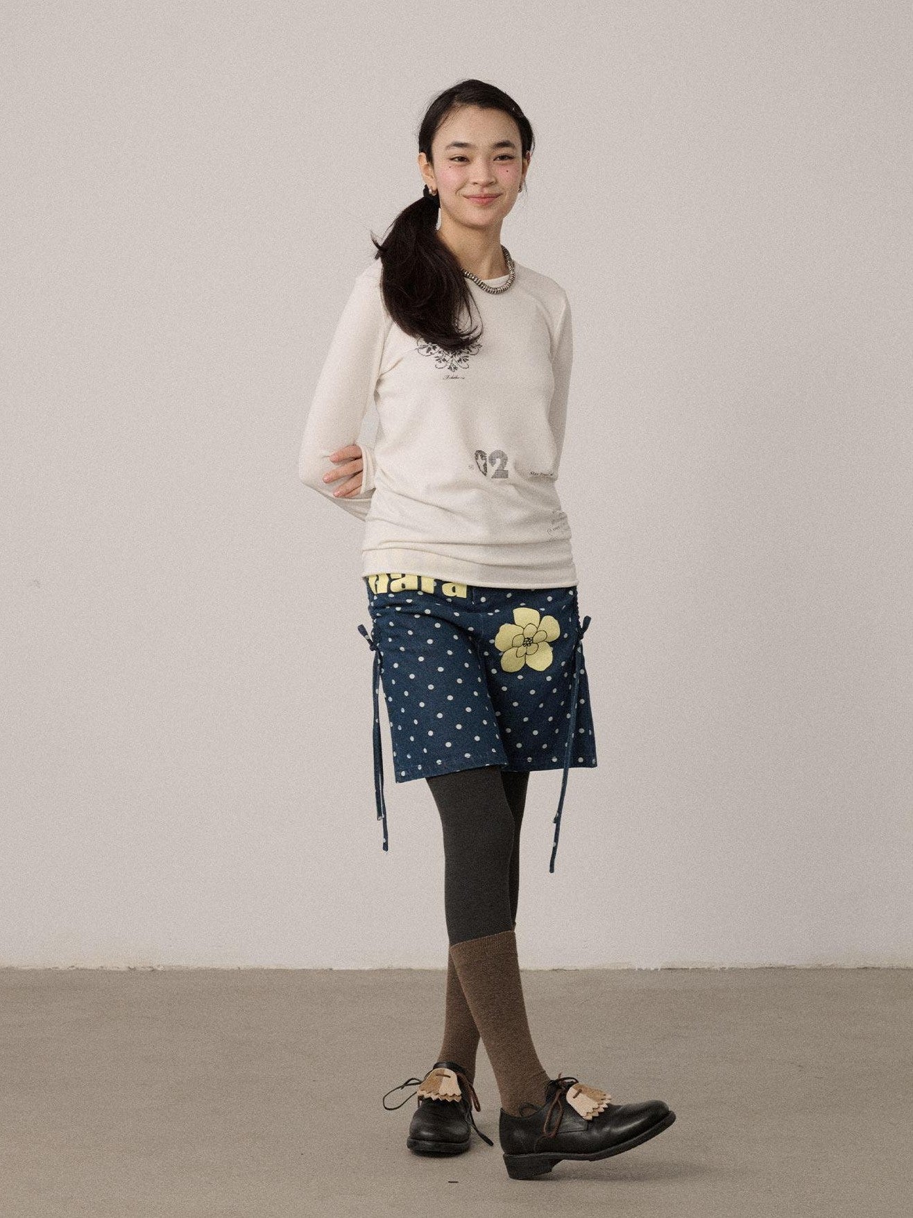 Achihara Off White Pixel Letter Print Women'S Viscose Blend Knit Long Sleeve T-Shirts