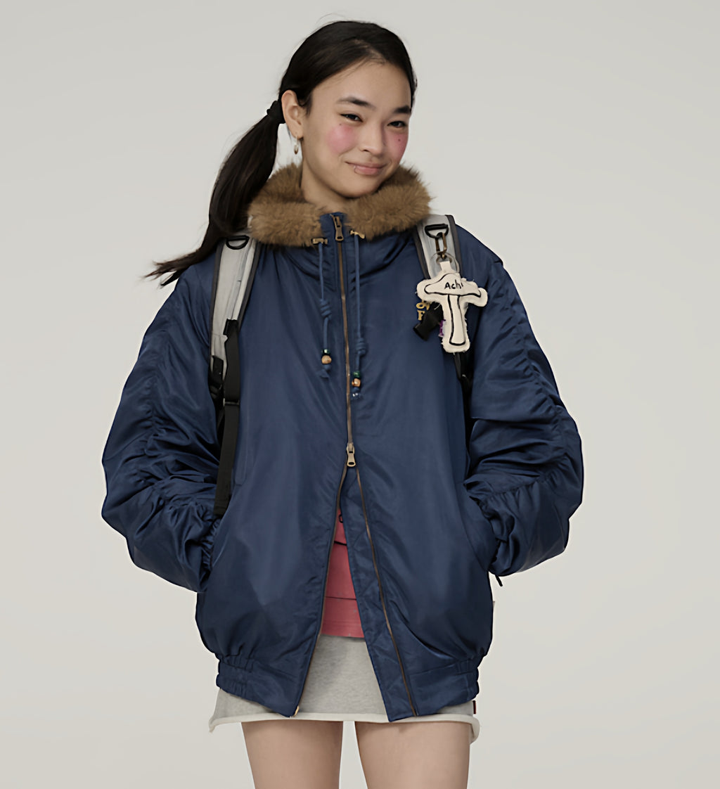 Achihara_Olive_Green_Fur_Collar_Cropped_Women'S_Cotton_Puffer_Jackets_MISSTT