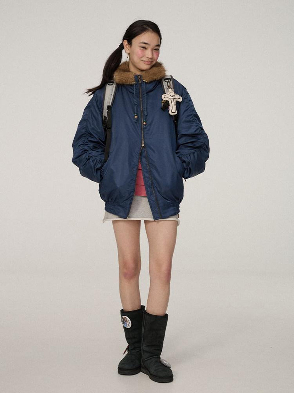 Achihara Olive Green Fur Collar Cropped Women'S Cotton Puffer Jackets