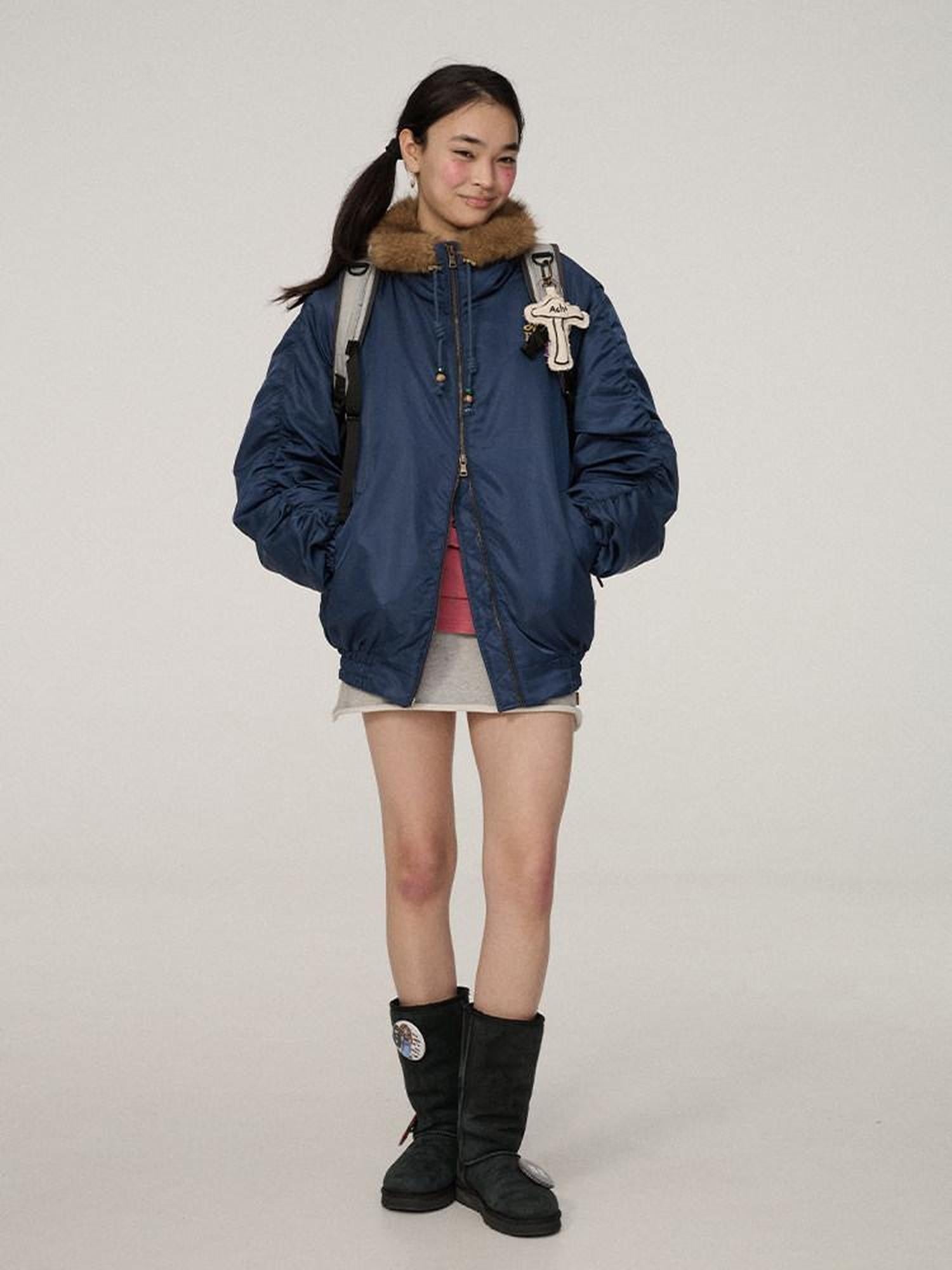 Achihara Olive Green Fur Collar Cropped Women'S Cotton Puffer Jackets