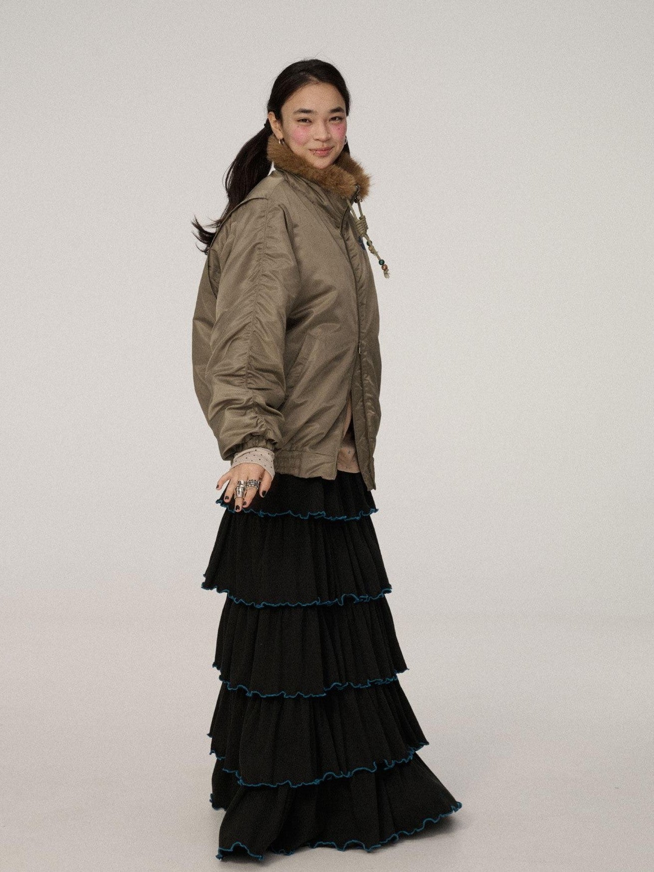 Achihara Olive Green Fur Collar Cropped Women'S Cotton Puffer Jackets