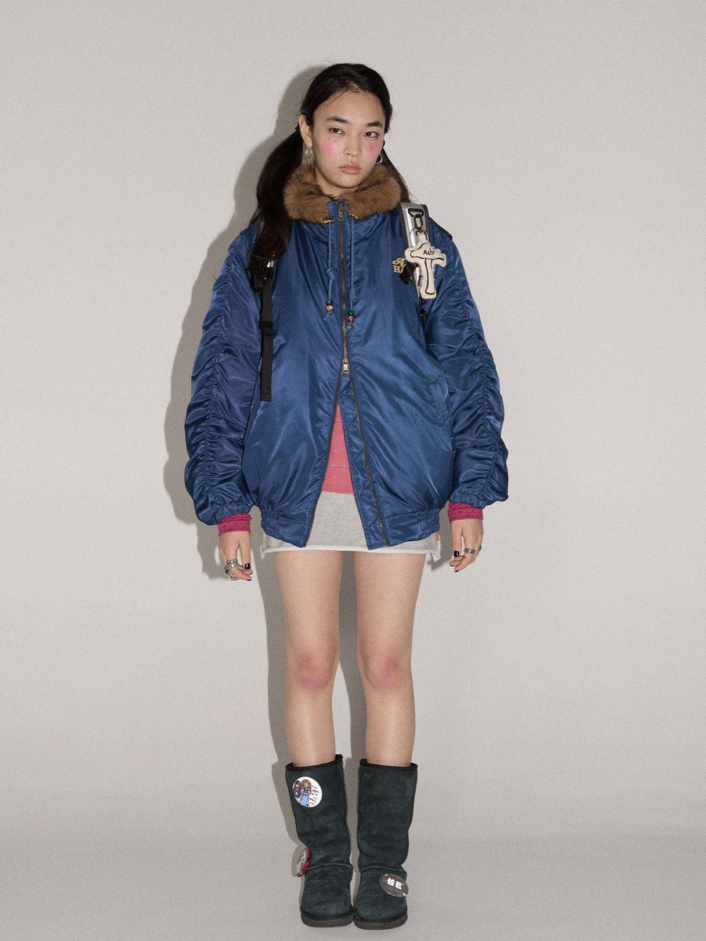 Achihara Olive Green Fur Collar Cropped Women'S Cotton Puffer Jackets