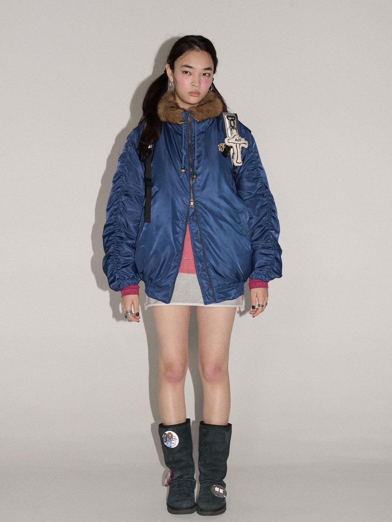 Achihara Olive Green Fur Collar Cropped Women'S Cotton Puffer Jackets